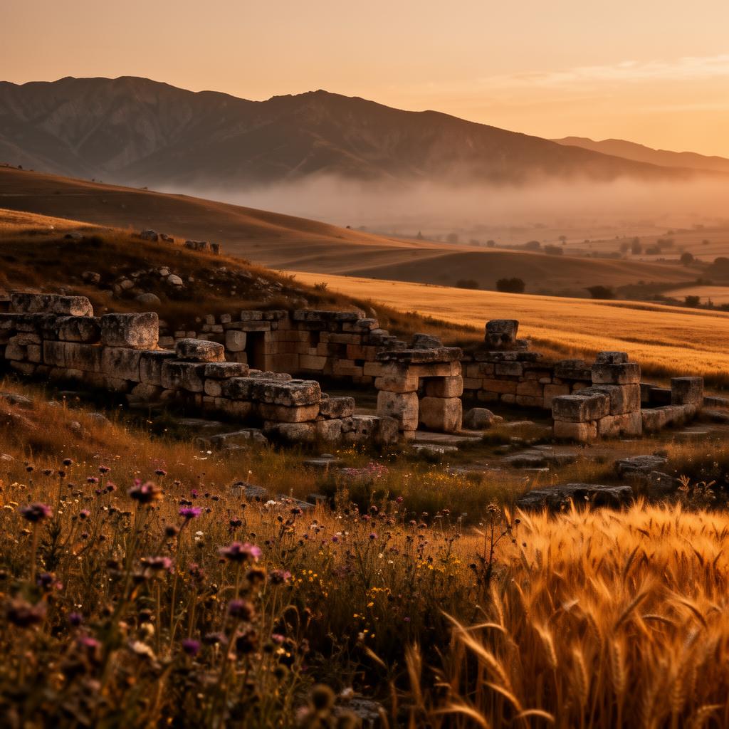 Anatolian ruins at golden hour with wheat fields