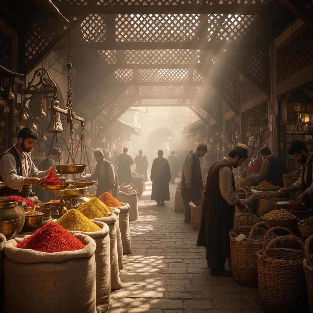 Ottoman-era spice bazaar with sacks of saffron and sumac