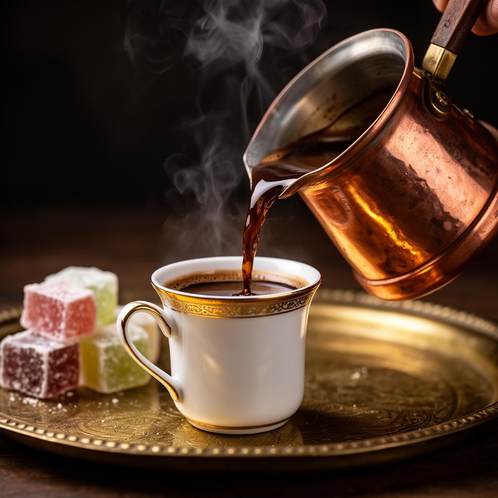 Turkish coffee poured from a copper cezve into a porcelain cup