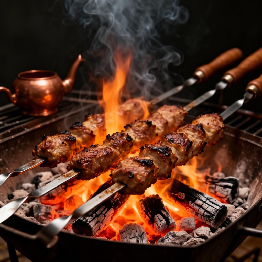 Skewers of lamb grilling over glowing embers
