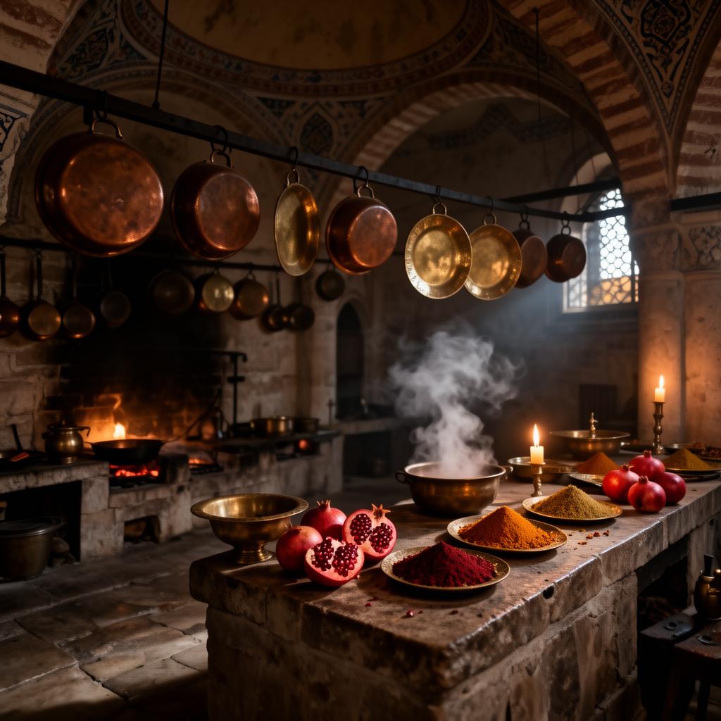 Ottoman palace kitchen with copper pots and spice mounds