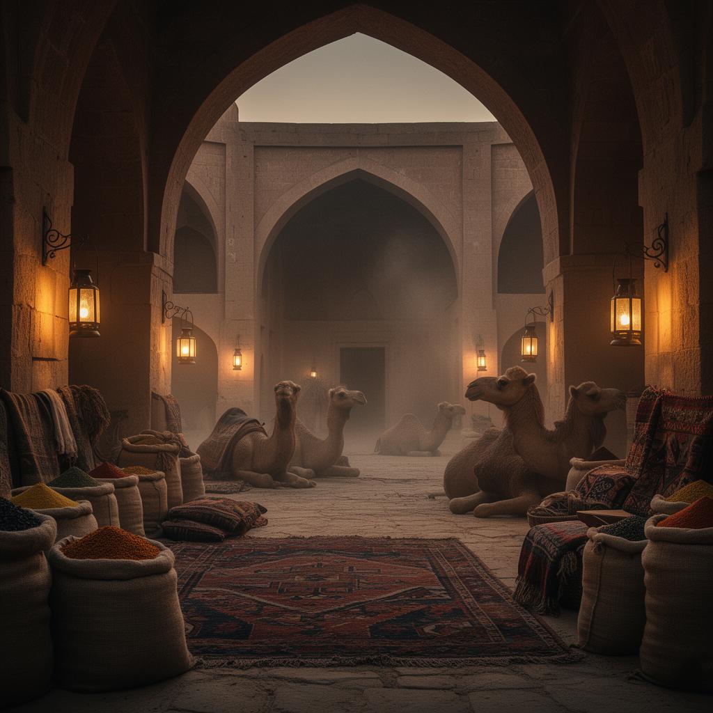 Silk Road caravanserai courtyard at dusk with camels and lanterns