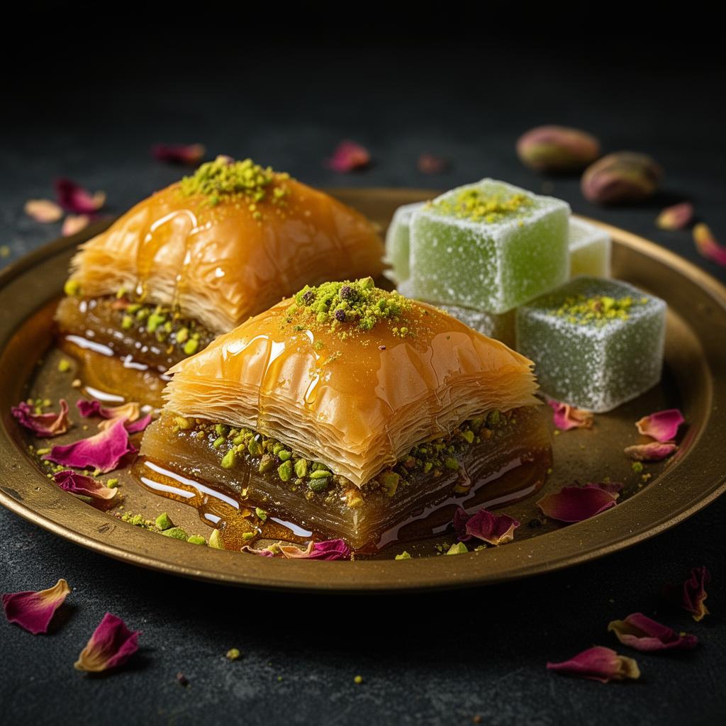 Turkish baklava with pistachio and lokum on a brass tray